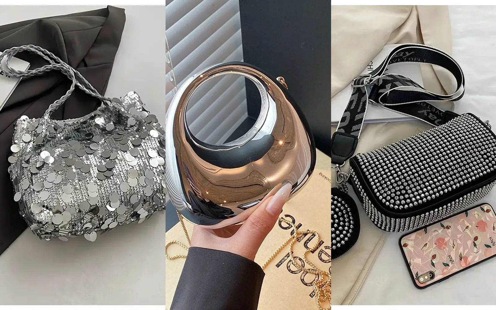 DOSYSO 2026 collection — sequin tote, mirror-finish clutch and crystal sling bag